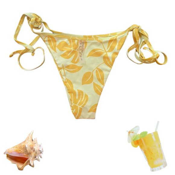 Tropical Yellow Orange String Bikini Bottom XS Floral Swimwear Beachy Y2K - Picture 4 of 8